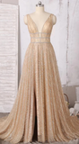 A-line Deep V-neck Sleeveless Sequins Floor-length Prom Dresses, Long Evening Dresses HZ1023