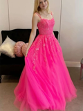 Open Back Hot Pink Tulle Lace Long Prom Dresses, Hot Pink Lace Formal Graduation Evening Dresses HZ1023