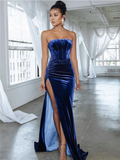 Strapless Simple Royal Blue Velvet Long Prom Dresses With Split HZ1023
