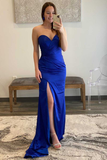 Royal Blue Sweetheart Satin Long Formal Dress with Slit HZ1023