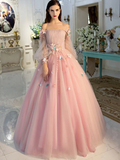 Pink delicate floral applique fairy long sleeves long tulle ball gown evening dress HZ1023