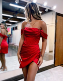 Red Satin Off The Shoulder Short Homecoming Dress HZ1023