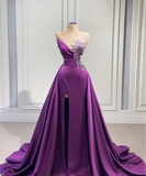 Purple high slit train mermaid dress wedding reception dress satin lace wedding dress ball gown evening dress HZ1023