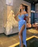 Charming Blue High Slit Chiffon Long Prom Dress, Beaded Evening Dress HZ1023