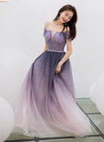 Purple Gradient Beaded Tulle Long Chich Party Dress, A-line Tulle New Prom Dress Formal Dress HZ1023