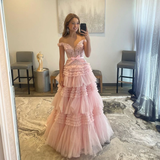 Cute A Line Off the Shoulder Pink Tulle Prom Dresses Quinceanera Dresses HZ1023