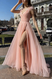 Elegant V Neck Pink Tulle Long Prom Dresses with High Slit, Pink Tulle Formal Graduation Evening Dresses HZ1023