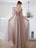 A-Line Cap Sleeve Beaded Dusty Rose Prom Dress HZ1023