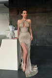 HALTER SEQUINS MERMAID PROM DRESS SLEEVELESS WITH SLIT HZ1023