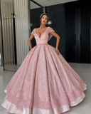 Gorgeous pink ball gown V neck floor length organza beaded crochet flowers evening dress HZ1023