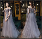 Gray Blue Prom Dress Stunning Glitter Tulle Bridesmaid Dress Long Tulle Sleeves Graduation Dress Illusion Evening Dress Floor Length HZ1023