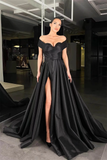 Black Off-the-Shoulder Prom Dress Split Long With Beads HZ1023