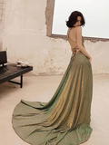 Unique backless long prom dress, green evening HZ1023