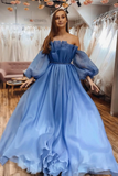 Strapless Blue Tulle Long Prom Dresses with Belt, Long Blue Formal Dresses, Blue Evening Dresses HZ1023