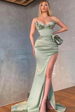 Elegant Dusty Sage Spaghetti Straps Mermaid Prom Dress With Slit HZ1023