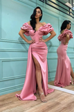 Pink Split Prom Dress Long Mermaid Off-the-Shoulder HZ1023
