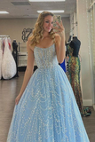 A-line blue long prom dress with spaghetti straps HZ1023