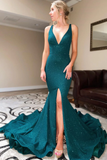 Dark Teal V-Neck Mermaid Long Prom Evening Dress with Slit HZ1023