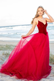 Burgundy Tulle Prom Dress Velvet Top V-Neck HZ1023