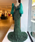 hunter green evening dresses long sleeve modest elegant sparkly mermaid luxury formal party dresses women evening gown HZ1023