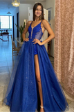 Shiny V Neck Blue Lace Long With High Slit Sparkly Blue Prom Dresses HZ1023
