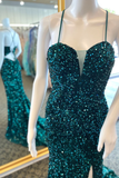 Hunter Green Mermaid V Neck Lace-Up Back Sequins Long Prom Dress with Slit HZ1023