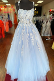Blue sweetheart tulle lace applique long prom dress lace gown HZ1023