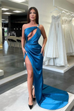Gorgeous Ocean Blue Prom Dress Mermaid Long With Slit One Shoulder HZ1023