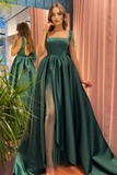 Modest Green A-Line Square Neckline Straps Prom Dresses with Slit HZ1023