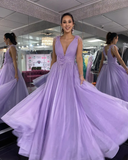 Deep V Neck Purple Tulle Long Prom Dress, Long Lavender Formal Evening Dress HZ1023