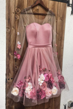 Pink V-Neck 3D Applique Short Prom Dress Long Sleeves Homecoming Dress HZ1023