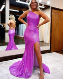 One Shoulder Lavender Sequin Mermaid Prom Dress with Side Slit HZ1023
