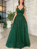 A-Line Prom Dresses Sparkle & Shine Dress Prom Floor Length Sleeveless V Neck Sequined with Sequin HZ1023