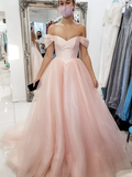 Off Shoulder Open Back Pink Long Prom, Off the Shoulder Pink Formal, Pink Evening HZ1023