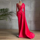 Glamorous Red Satin Dubai Evening Dresses Long Sleeves Sheer Neck Beads Prom Gowns Celebrity Formal Dress HZ1023