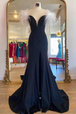 Long Black High Slit Prom Dress with White Feather HZ1023