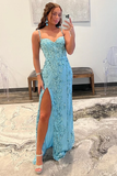 Aqua Blue Mermaid Spaghetti Straps Sequin-Embroidered Long Prom Gown with Slit HZ1023