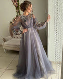 Grey/blue/green elegant delicate floral applique long sleeves maxi tulle ball gown evening dress party dress HZ1023