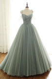 LIGHT GREEN TULLE LONG PROM DRESS, GREEN EVENING DRESS HZ1023