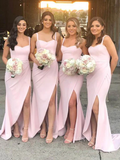 Modest Wide Strap Pink Sheath Bridesmaid Dresses with Side Slit HZ1023