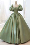 Green Satin Puff Sleeves Long Prom Dress, Green A-Line Formal Dress HZ1023