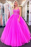 V Neck Fuchsia Lace Appliques Tulle Long Prom Dresses, Fuchsia Lace Formal Evening Dresses, Fuchsia Ball Gown HZ1023