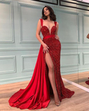 Red ball gown spaghetti strap sequins deep V neck bandage slit tail long evening dress gh1996 HZ1023