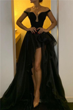 Off-shoulder black elegant sexy front slit high-low long tulle ball gown floor-length evening dress HZ1023
