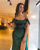 Stunning Dark Green Off-the-Shoulder Sequins Prom Dress Split Long HZ1023