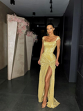 Yellow shiny sequins long fashion sleeveless slit sexy ball gown evening dress HZ1023