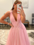 V Neck and V Back Pink Tulle Long Prom Dresses, V Neck Pink Formal Graduation Evening Dresses HZ1023
