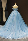 Light Sky Blue Off The Shoulder Ball Gown Tulle Prom Dress With Applique HZ1023