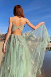 Green V-neck Tulle Lace Appliques Long Prom Dress HZ1023
