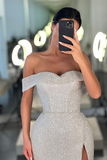 Mermaid White Off-the-Shoulder Sequins Prom Dress With Split HZ1023